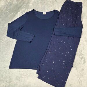 Soma Pajamas Large Navy Long Sleeve Top Gold Star Pants 2pc PJ Set Lightweight